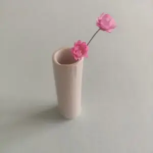 In a gentle and pale setting, the Mini Porcelain White Vase elegantly displays two fragile pink flowers.