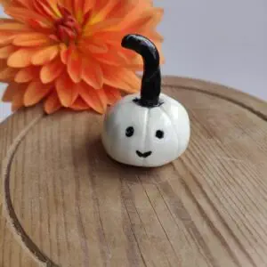 A Cheeky Porcelain Pumpkin, featuring a cute face and a small white exterior, rests on a wooden surface with an orange flower visible in the background.